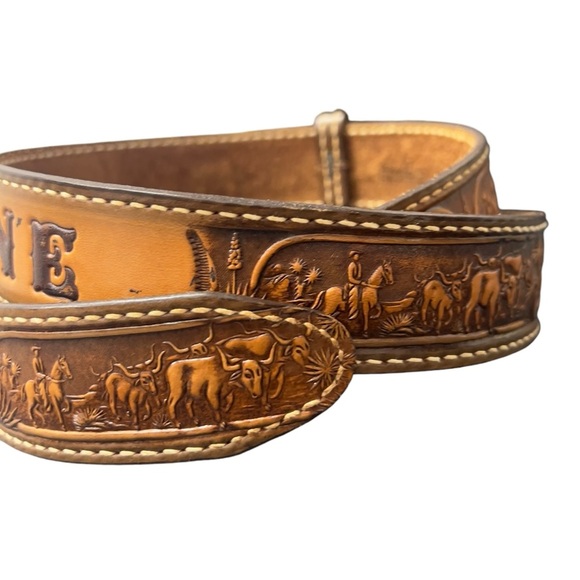 Vintage Leather Custom Stamped Personalized Wayne Longhorn Cattle Western Belt - Picture 3 of 12